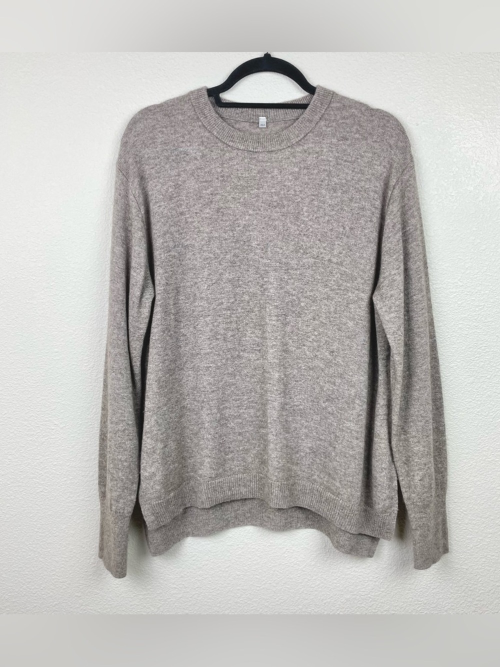 Muji Women's Large Yak Wool Knit Crewneck Sweater Heather Taupe Brown Split Hem